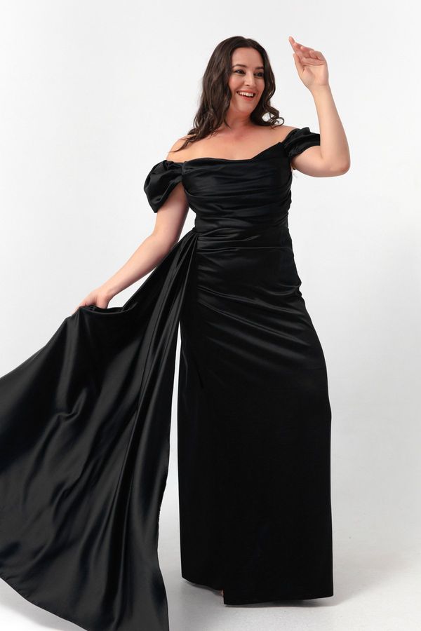 Lafaba Lafaba Women's Black Boat Neck Train Long Satin Evening Dress & Prom Dress