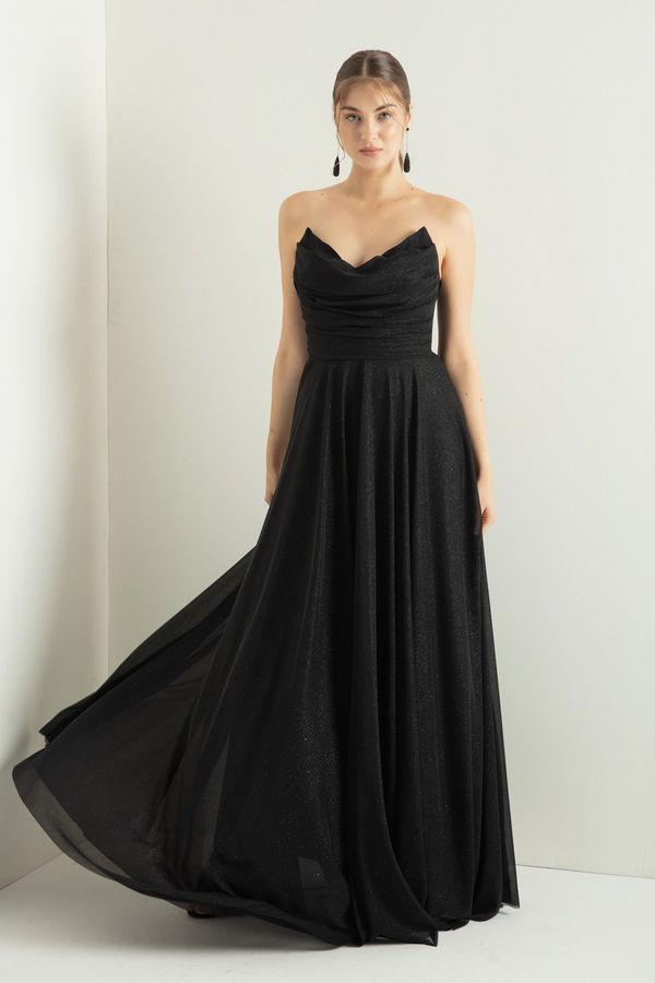 Lafaba Lafaba Women's Black Chest Draped Slit Flared Glitter Evening Dress