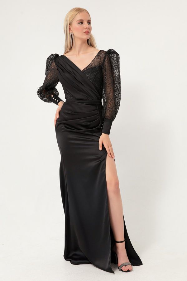 Lafaba Lafaba Women's Black Double Breasted Collar Glittery Long Satin Evening Dress.