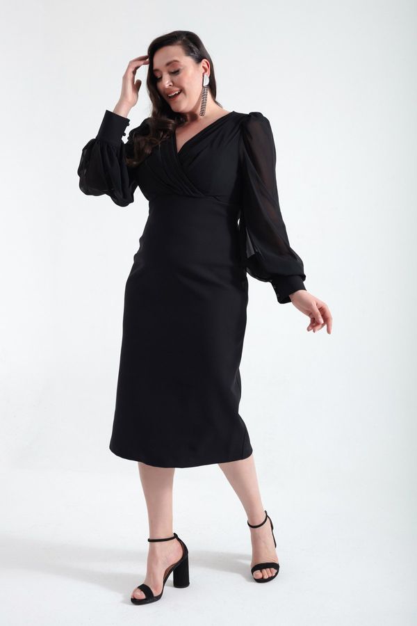 Lafaba Lafaba Women's Black Double Breasted Neck Plus Size Evening Dress