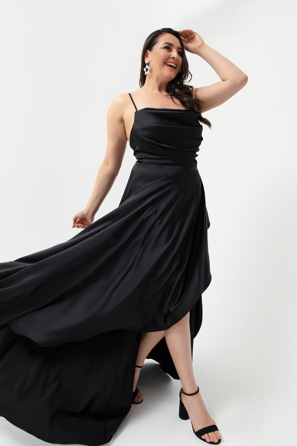 Lafaba Lafaba Women's Black Flounce Slit Plus Size Satin Evening Dress Graduation Dress