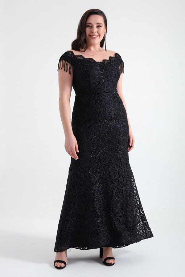 Lafaba Lafaba Women's Black Laced Sleeves Beaded Plus Size Evening Dress