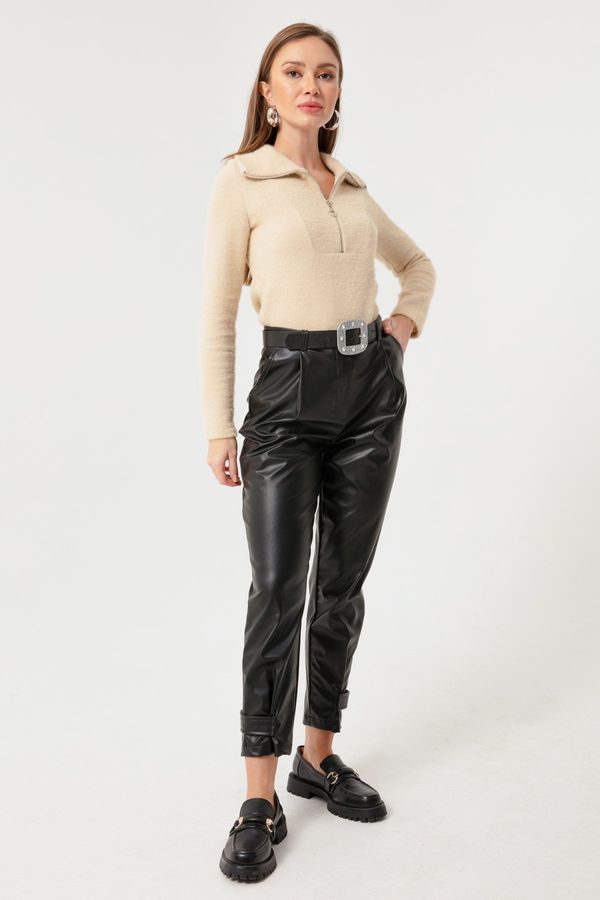 Lafaba Lafaba Women's Black Leather Pants with Snap fastener