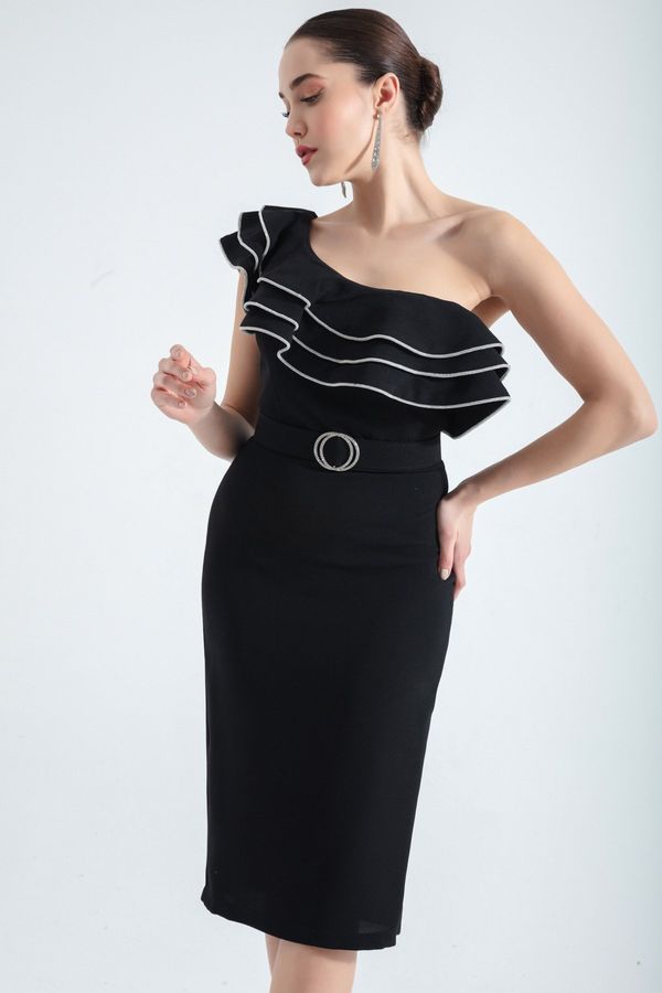 Lafaba Lafaba Women's Black One-Shoulder Frilly Midi Evening Dress