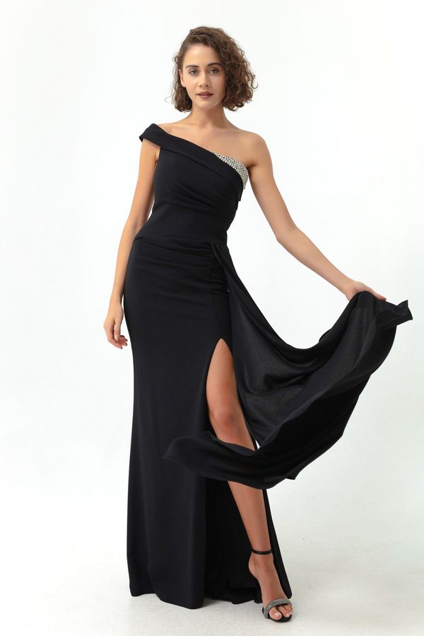 Lafaba Lafaba Women's Black One-Shoulder Long Evening Dress with Stones.