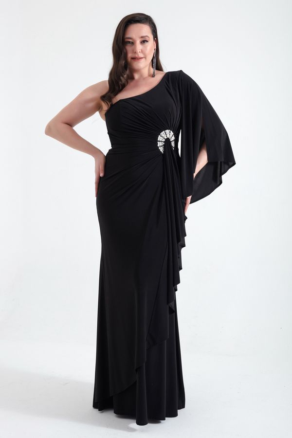 Lafaba Lafaba Women's Black One-Shoulder Stone Detailed Long Evening Dress