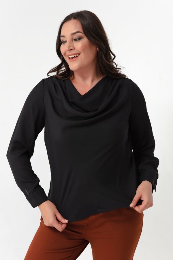 Lafaba Lafaba Women's Black Pleated Collar Long Sleeve Plus Size Blouse