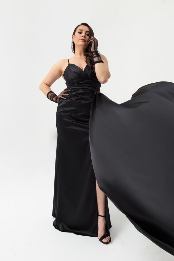 Lafaba Lafaba Women's Black Plus Size Long Satin Evening Dress & Graduation Dress