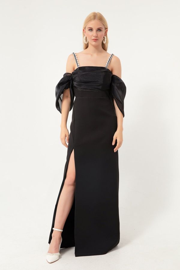 Lafaba Lafaba Women's Black Princess Sleeve Beading Straps Organza Long Evening Dress