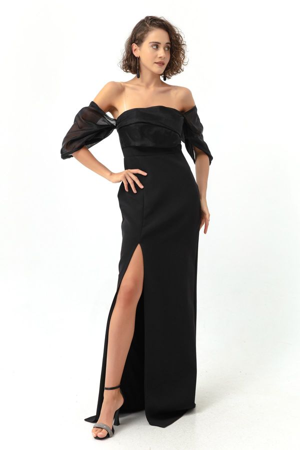 Lafaba Lafaba Women's Black Princess Sleeve Organza Long Evening Dress