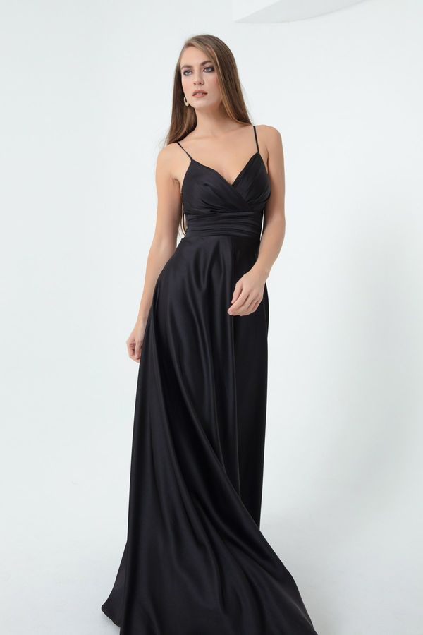 Lafaba Lafaba Women's Black Rope Strap Waist Belted Satin Long Evening Dress Graduation Dress