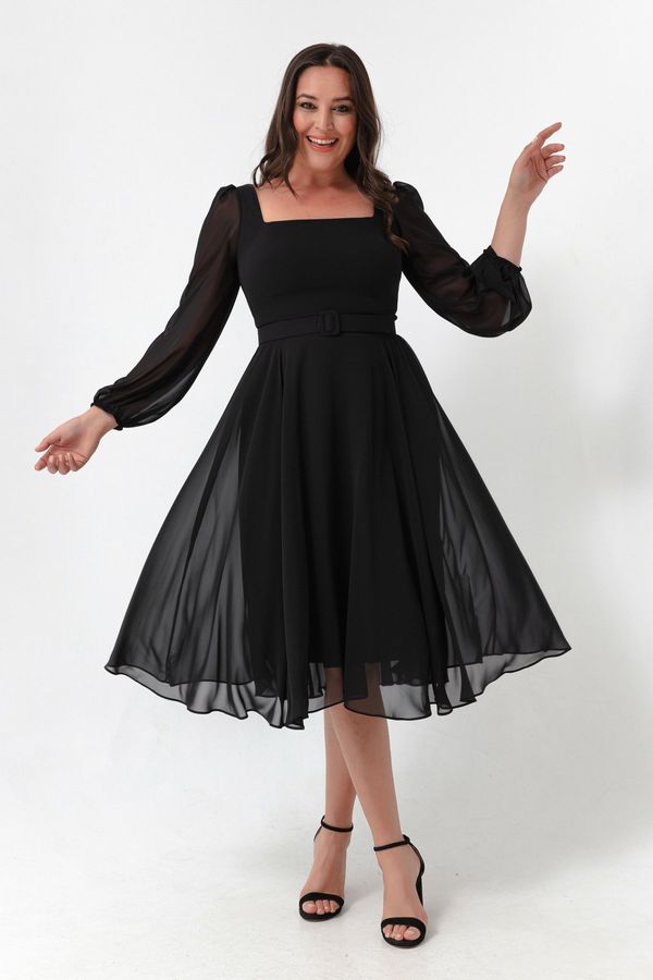Lafaba Lafaba Women's Black Square Neck Belted Midi Chiffon Plus Size Evening Dress.