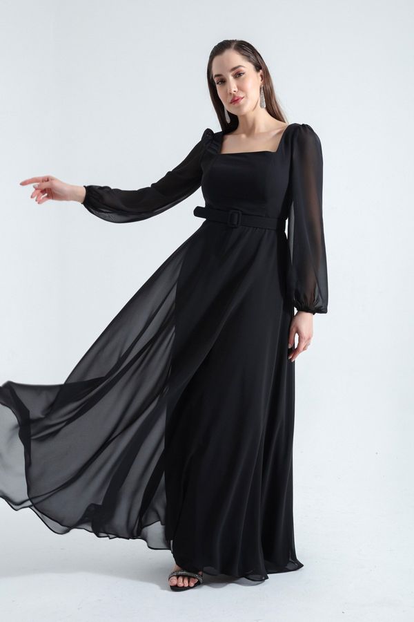 Lafaba Lafaba Women's Black Square Neck Long Chiffon Evening Dress