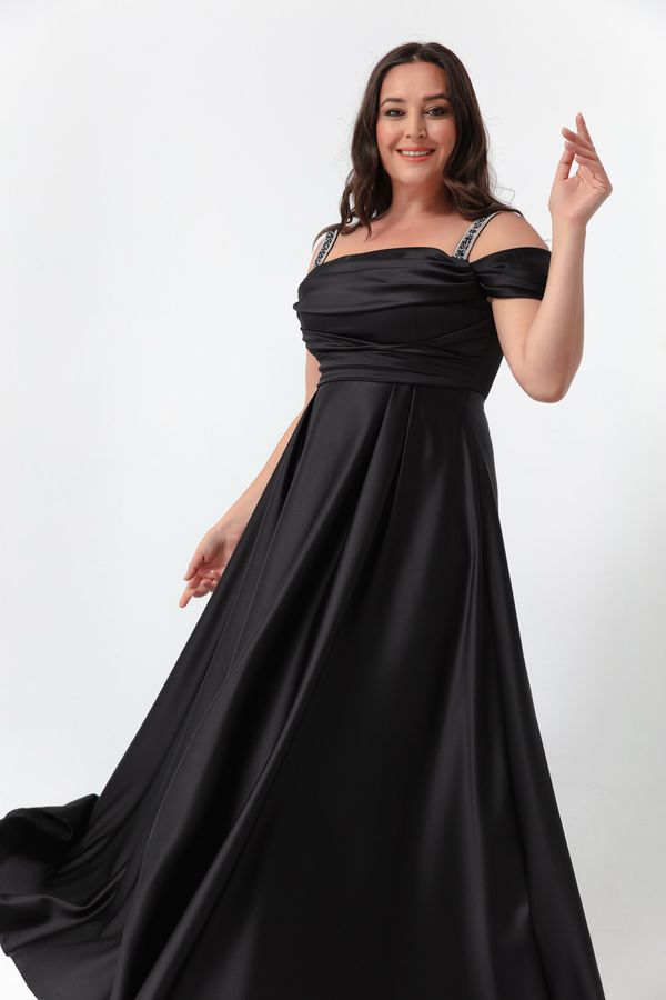 Lafaba Lafaba Women's Black Stone Strap Draped Plus Size Long Evening Dress