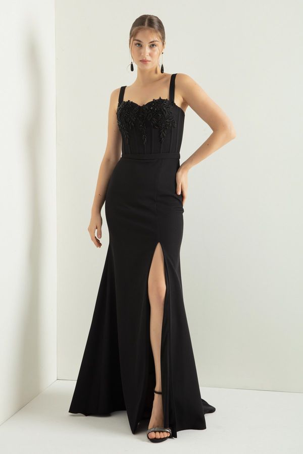 Lafaba Lafaba Women's Black Stone Underwire Corset Slit Long Evening Dress