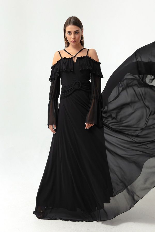 Lafaba Lafaba Women's Black Strap Low Sleeve Chiffon Evening Dress