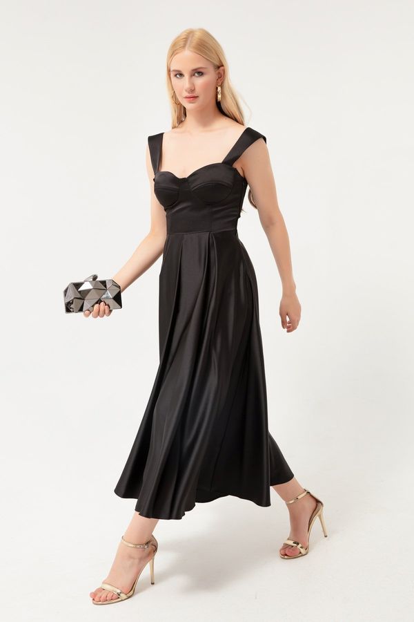 Lafaba Lafaba Women's Black Strapless Flare Cut Midi Satin Evening Dress.