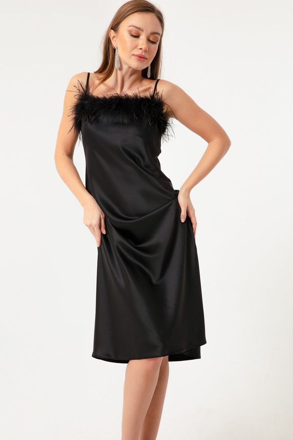 Lafaba Lafaba Women's Black Straps Evening Dress with Satin Detailed Midi Satin.
