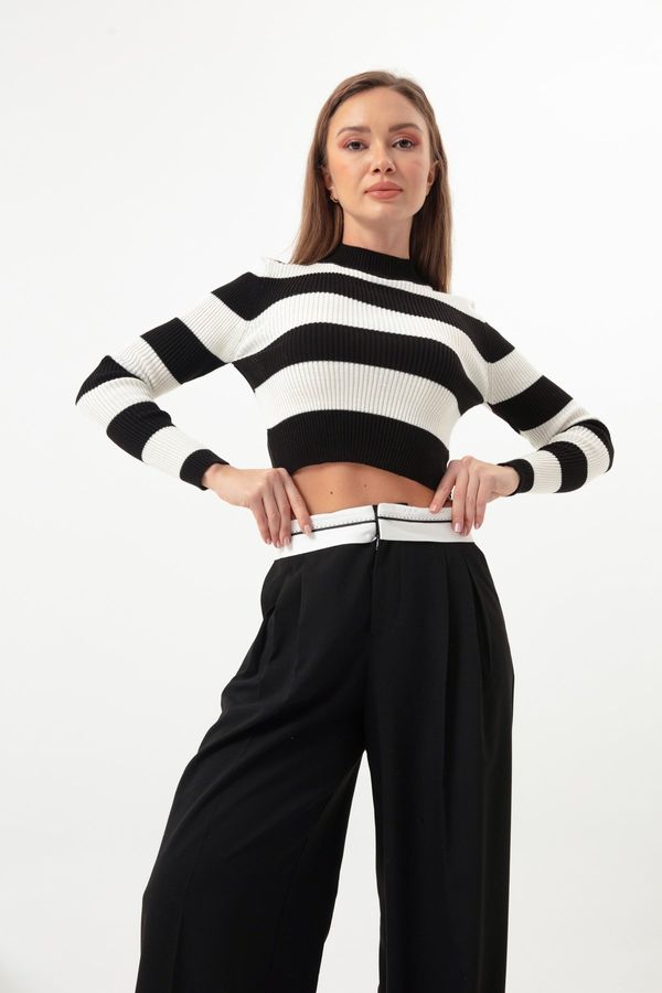 Lafaba Lafaba Women's Black Striped Lycra Crop Knitwear Sweater