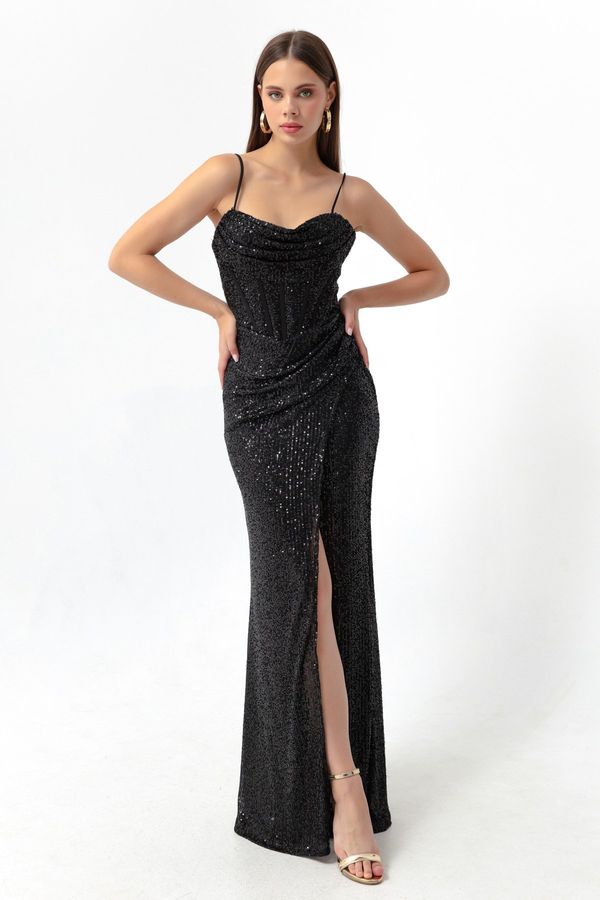 Lafaba Lafaba Women's Black Underwire Corset Detailed Sequined Long Slit Evening Dress.