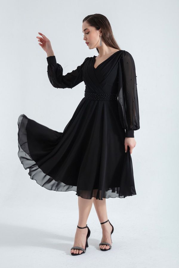 Lafaba Lafaba Women's Black V-Neck Pearly Midi Evening Dress