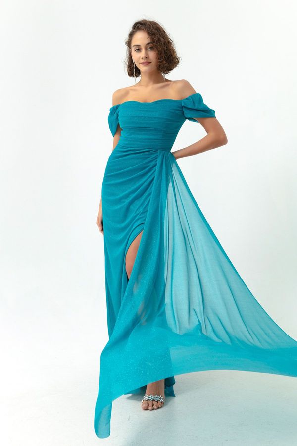 Lafaba Lafaba Women's Blue Boat Collar Draped Long Glittery Evening Dress with a Slit.