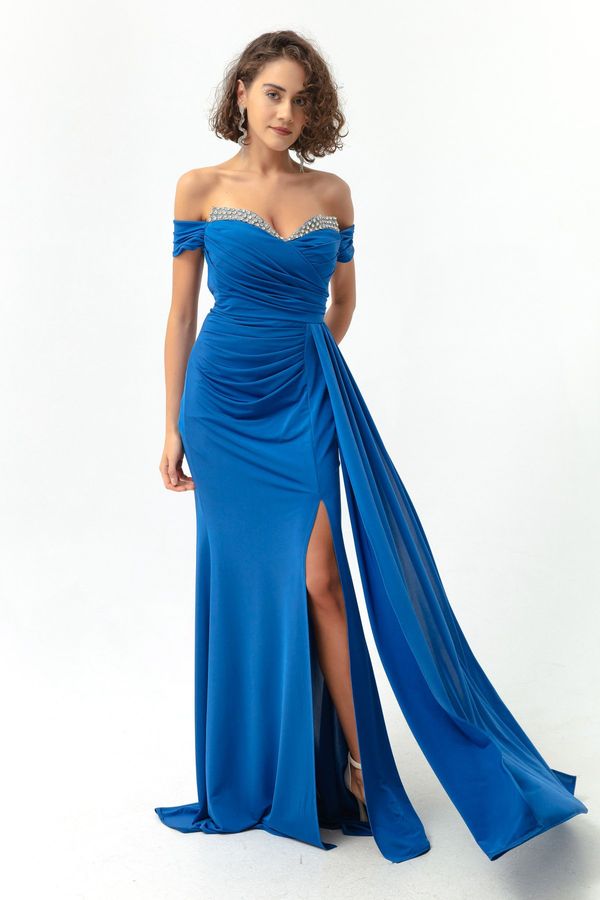 Lafaba Lafaba Women's Blue Collar Stoned Tail Long Evening Dress