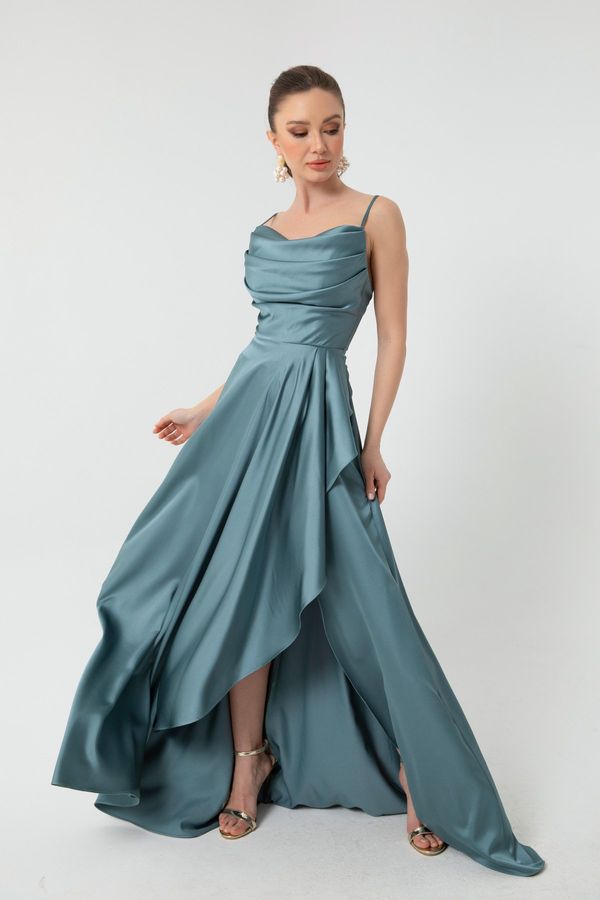 Lafaba Lafaba Women's Blue Satin Evening &; Prom Dress with Ruffles and a Slit