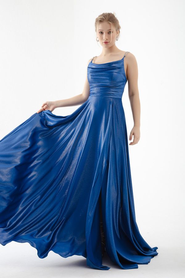 Lafaba Lafaba Women's Blue Stone Strap Draped Flared Cut Long Evening Dress
