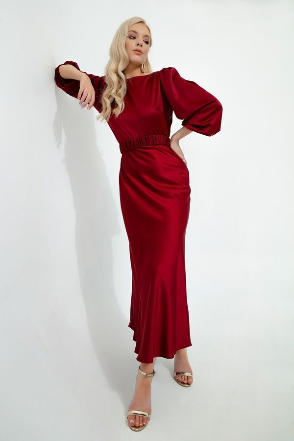 Lafaba Lafaba Women's Claret Red Engagement Dress with Long Balloon Sleeves