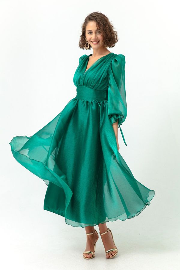Lafaba Lafaba Women's Emerald Green Balloon Sleeve V-neck Midi Evening Dress.