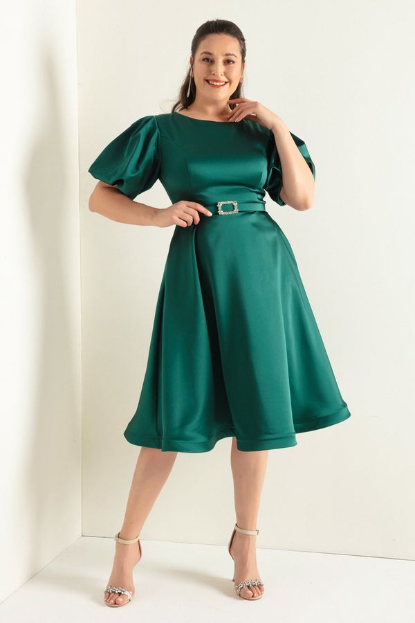 Lafaba Lafaba Women's Emerald Green Balloon Sleeves Stony Belt Plus Size Satin Evening Dress