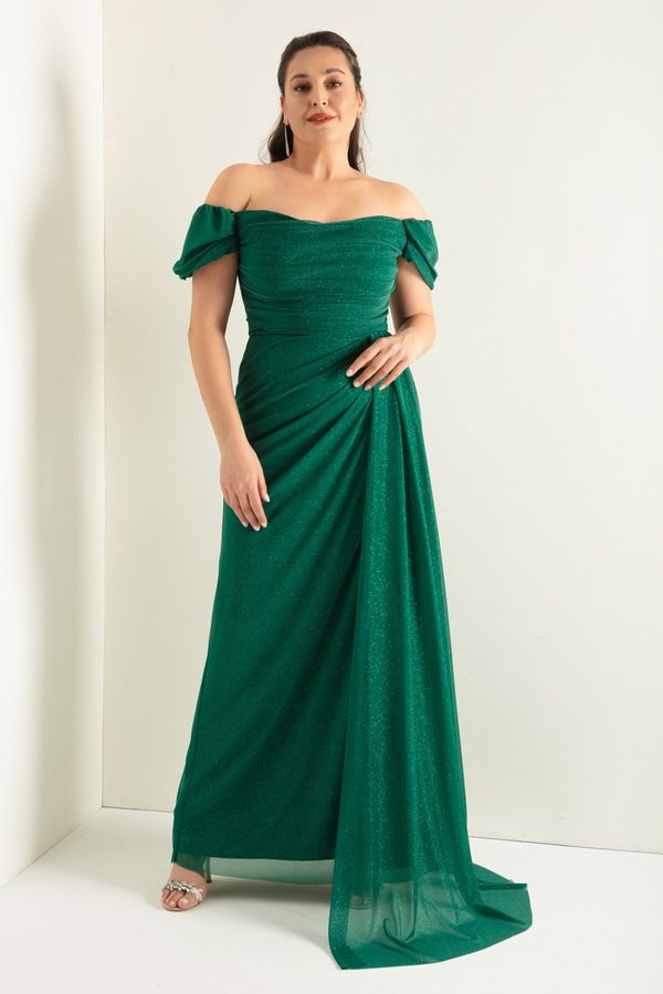 Lafaba Lafaba Women's Emerald Green Boat Collar Draped Long Glittery Evening Dress with a Slit.