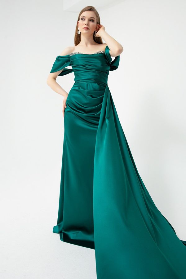 Lafaba Lafaba Women's Emerald Green Boat Collar Long Satin Evening Dress with a Slit