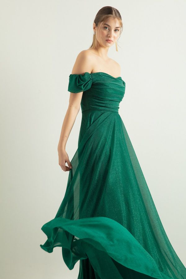 Lafaba Lafaba Women's Emerald Green Boat Neck Draped Long Silvery Evening Dress