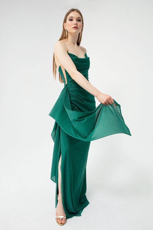 Lafaba Lafaba Women's Emerald Green Chest Draped Slit Glitter Evening Dress