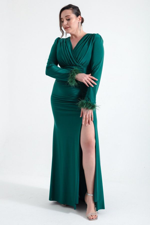 Lafaba Lafaba Women's Emerald Green Double Breasted Collar Plus Size Evening Dress with Feather Slit on the Sleeves