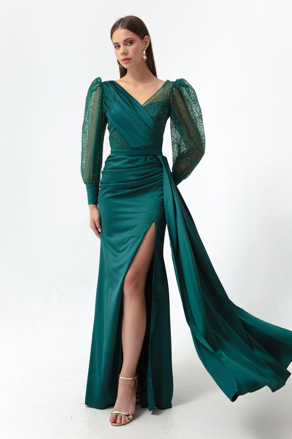 Lafaba Lafaba Women's Emerald Green Double Breasted Collar Silvery Long Satin Evening Dress