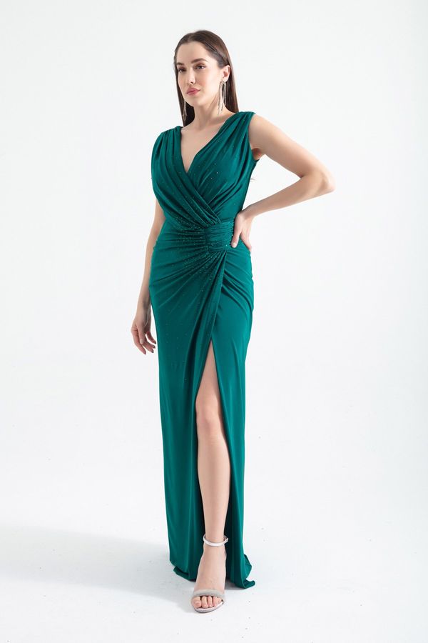 Lafaba Lafaba Women's Emerald Green Double Breasted Collar Slit Long Evening Dress
