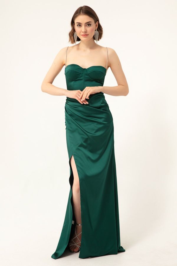 Lafaba Lafaba Women's Emerald Green Long Satin Evening Dress with Stone Straps and a Slit