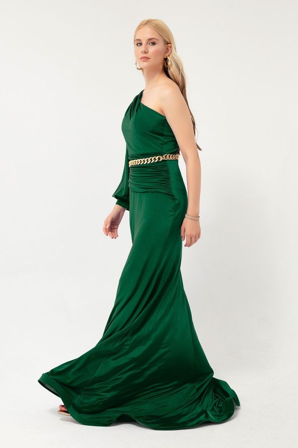 Lafaba Lafaba Women's Emerald Green One-Shoulder Chain Long Evening Dress