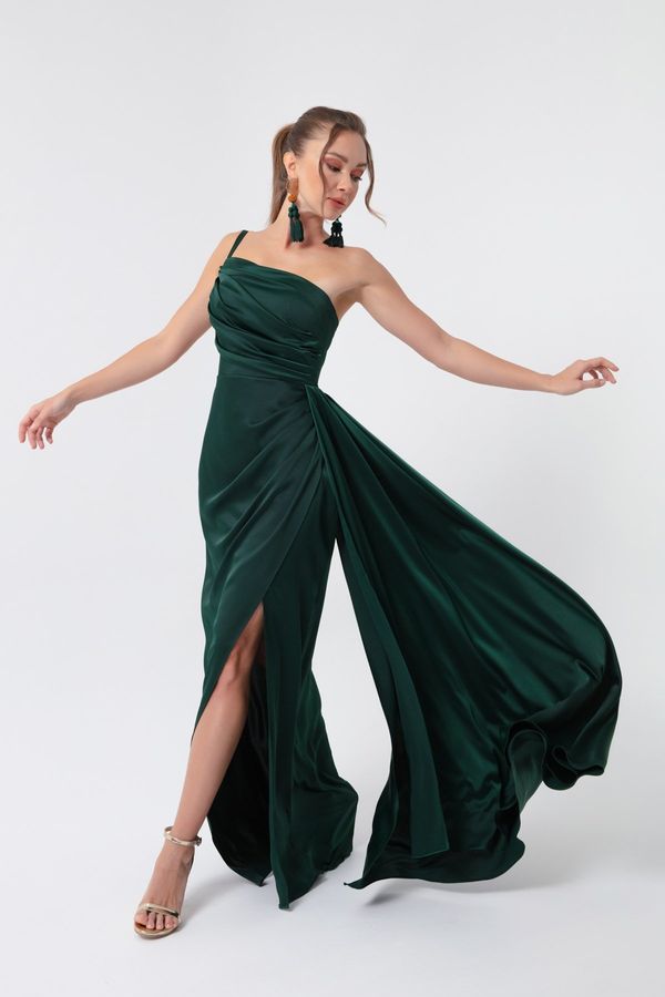 Lafaba Lafaba Women's Emerald Green One-Shoulder Satin Evening Dress & Graduation Dress