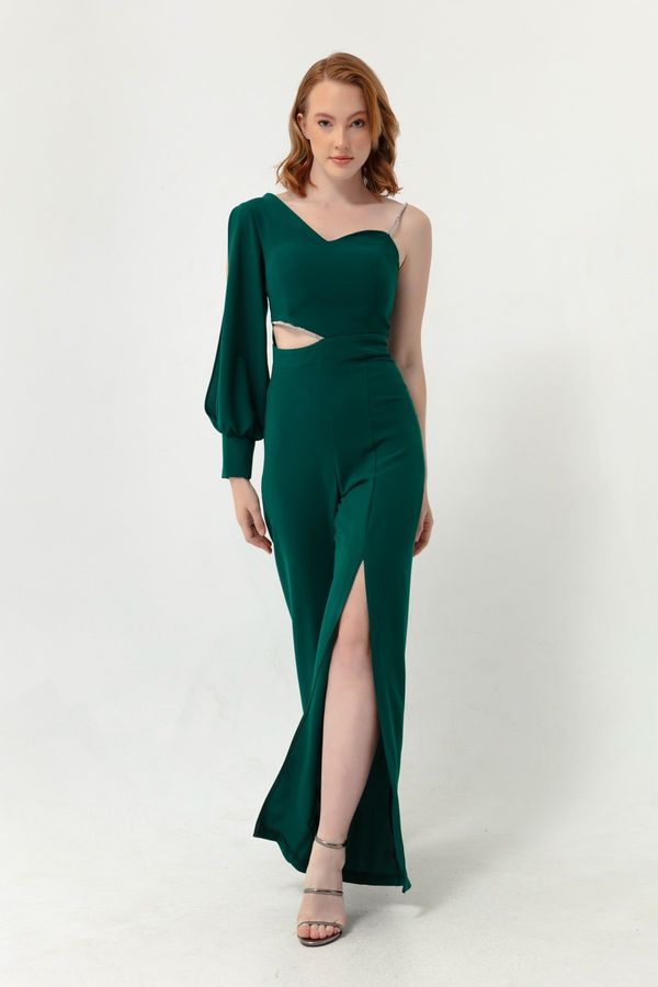 Lafaba Lafaba Women's Emerald Green One-Sleeve Halter Evening Dress Jumpsuit