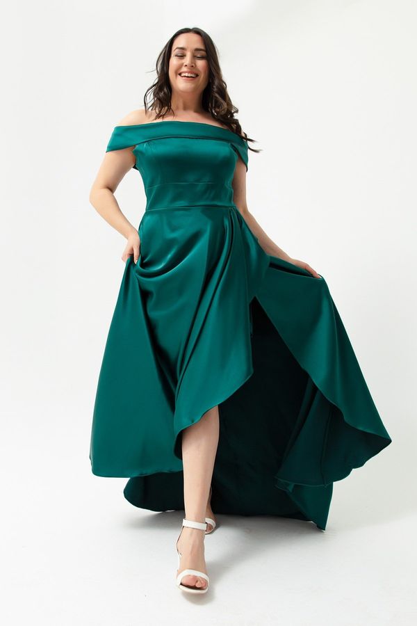Lafaba Lafaba Women's Emerald Green Plus Size Satin Evening Dress &; Prom Dress with Boat Collar