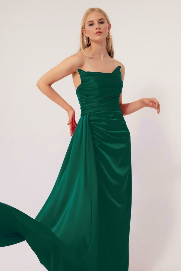 Lafaba Lafaba Women's Emerald Green Slit Long Satin Evening Dress