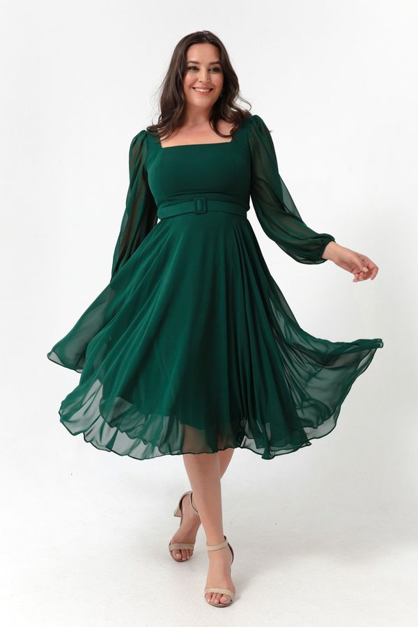 Lafaba Lafaba Women's Emerald Green Square Neckline With Belt Midi Chiffon Plus Size Evening Dress.