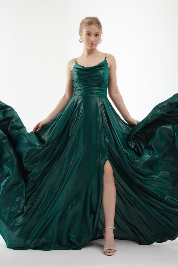 Lafaba Lafaba Women's Emerald Green Stone Strap Draped Flare Cut Long Evening Dress