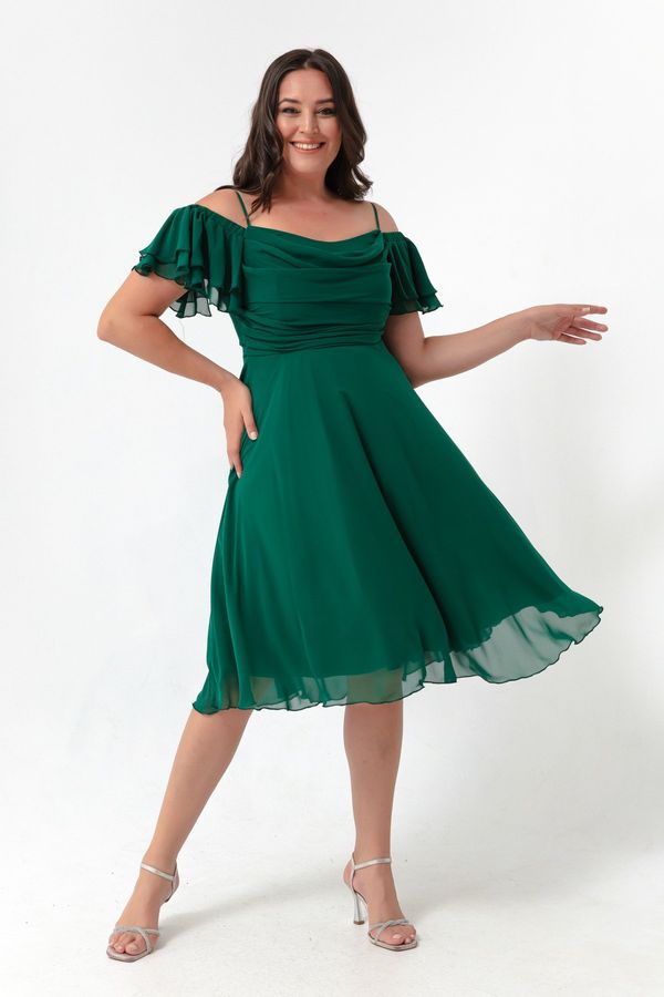 Lafaba Lafaba Women's Emerald Green Straps, Flare Cut Midi Plus Size Evening Dress.