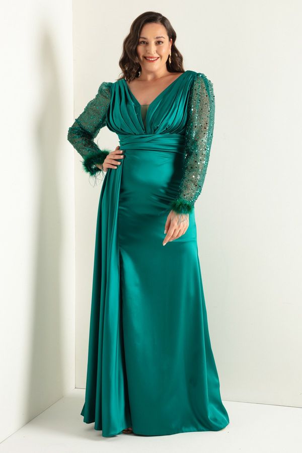 Lafaba Lafaba Women's Emerald Green V-Neck Sleeves with Stone Slits Long Plus Size Evening Dress