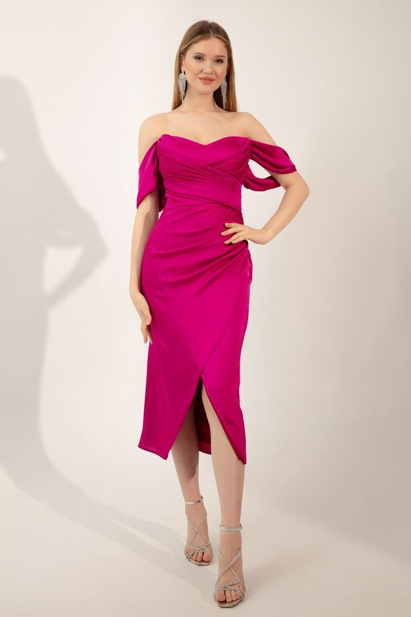 Lafaba Lafaba Women's Fuchsia Boat Neck Draped Midi Evening Dress.